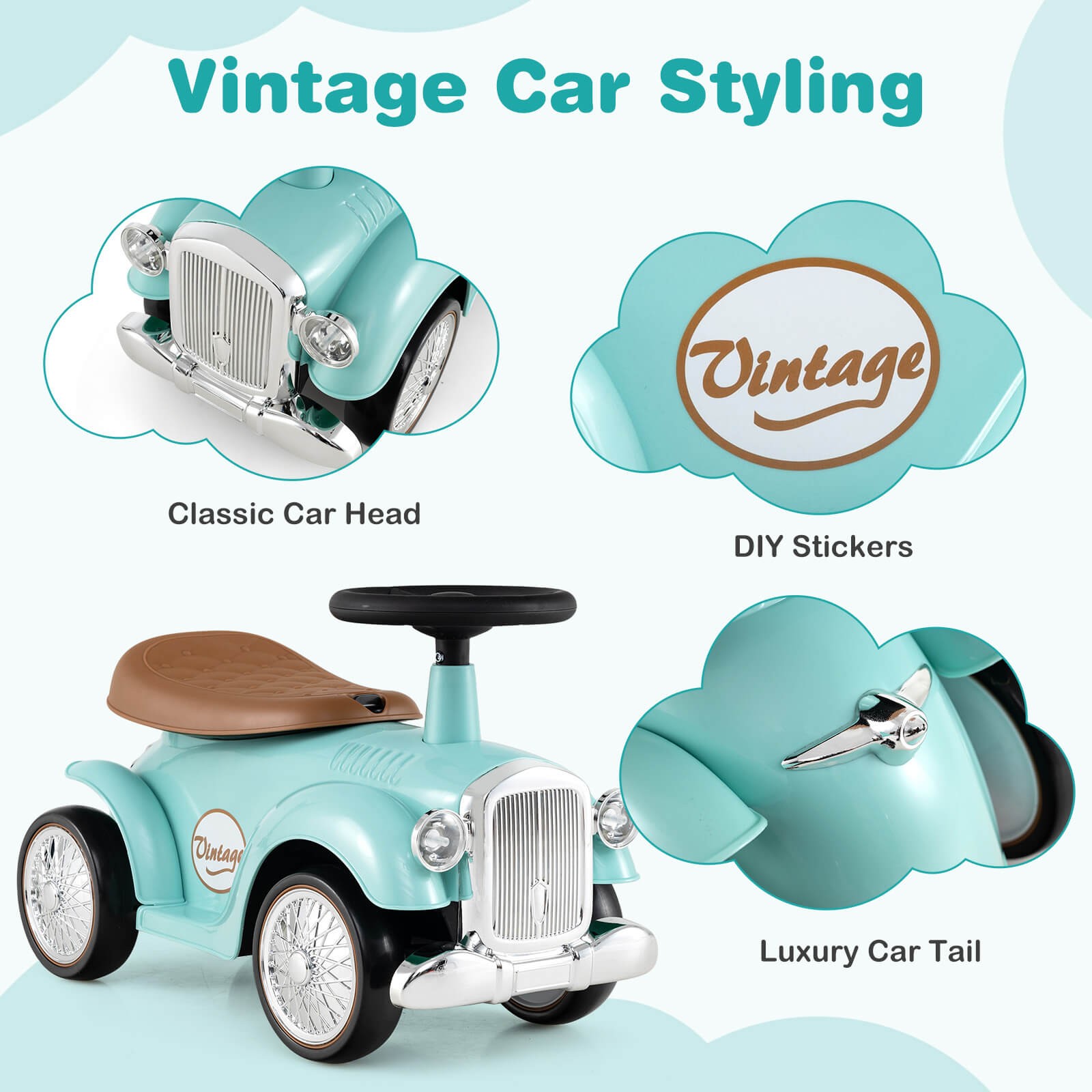 Retro Kids Ride-on Toy Kids Sit to Stand Vehicle with Working Steering Wheel