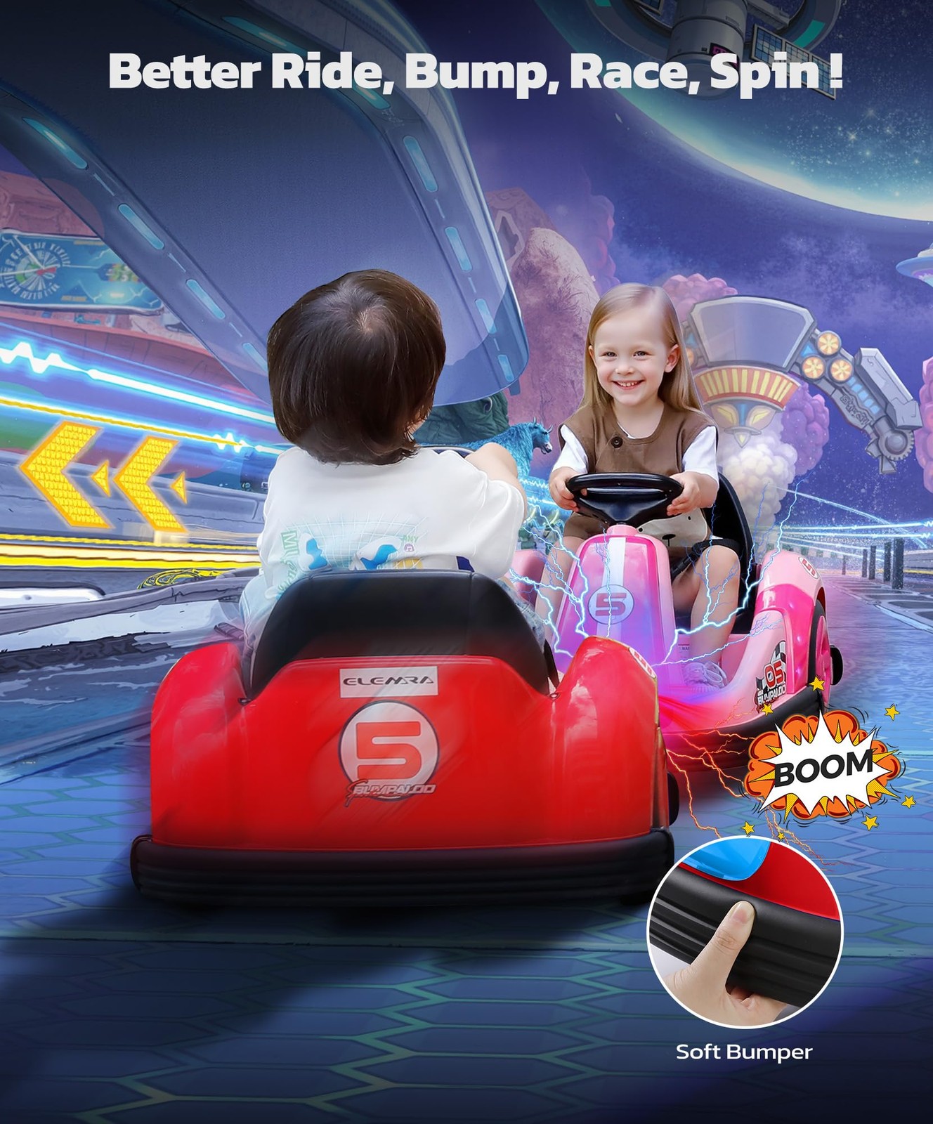 ELEMARA Bumper Cars for Kids with Big Wheels, 2.2 Mph, 12v Electric Ride On Toys
