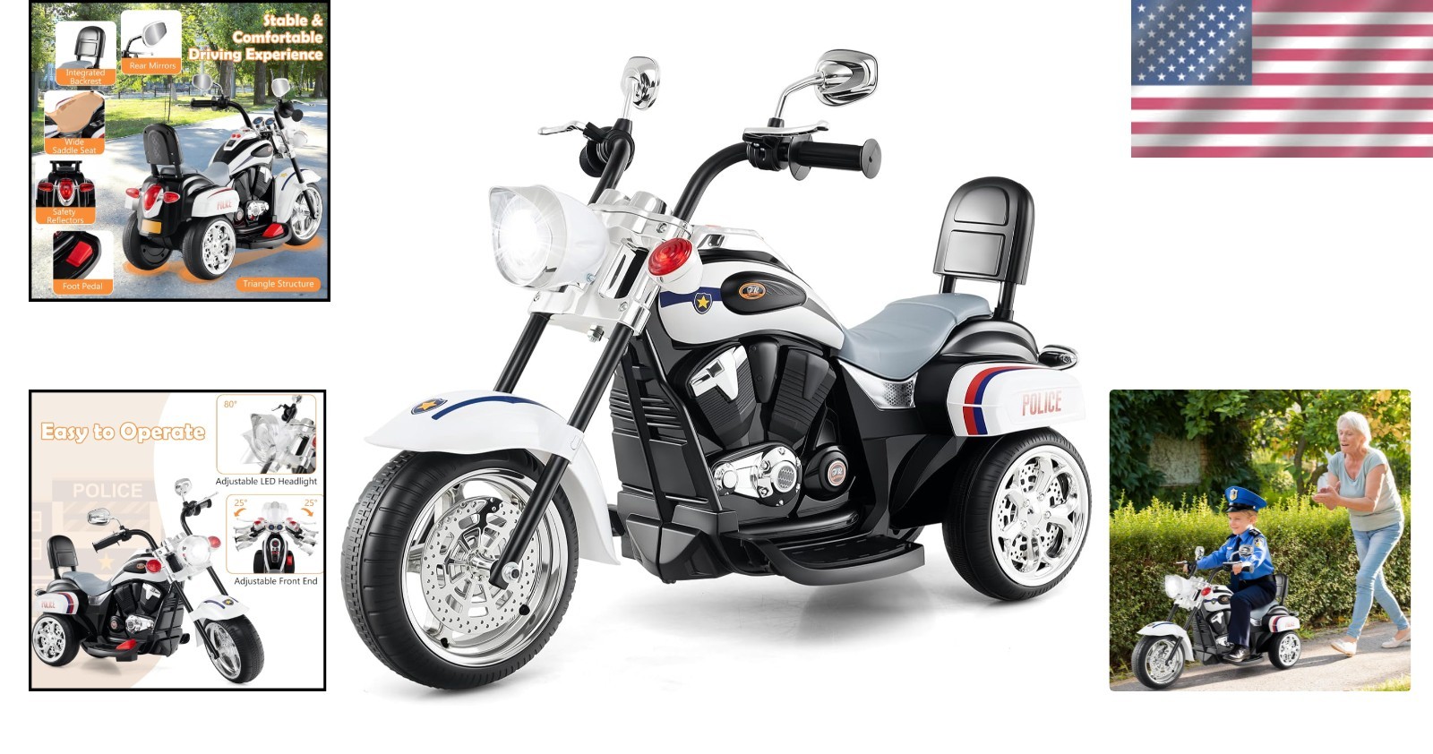 Certified Kids Motorcycle, 6V Ride on Chopper w/Lights, Horn