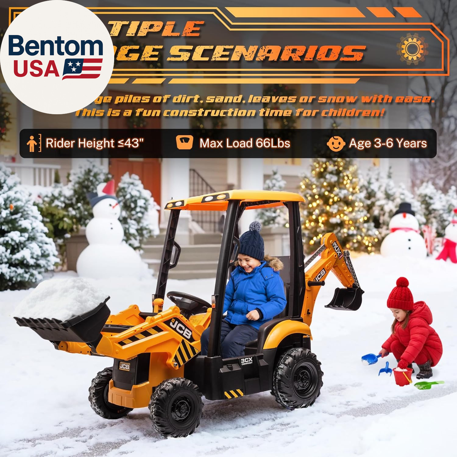 12V JCB Electric Backhoe Loader Toy Car for Kids, Battery Powered Ride on Constr
