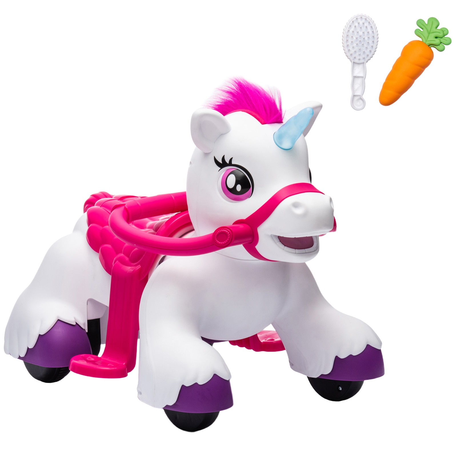 12V Ride on Horse, Ride on Toy with Carrot Toy, Comb, Animal Sounds