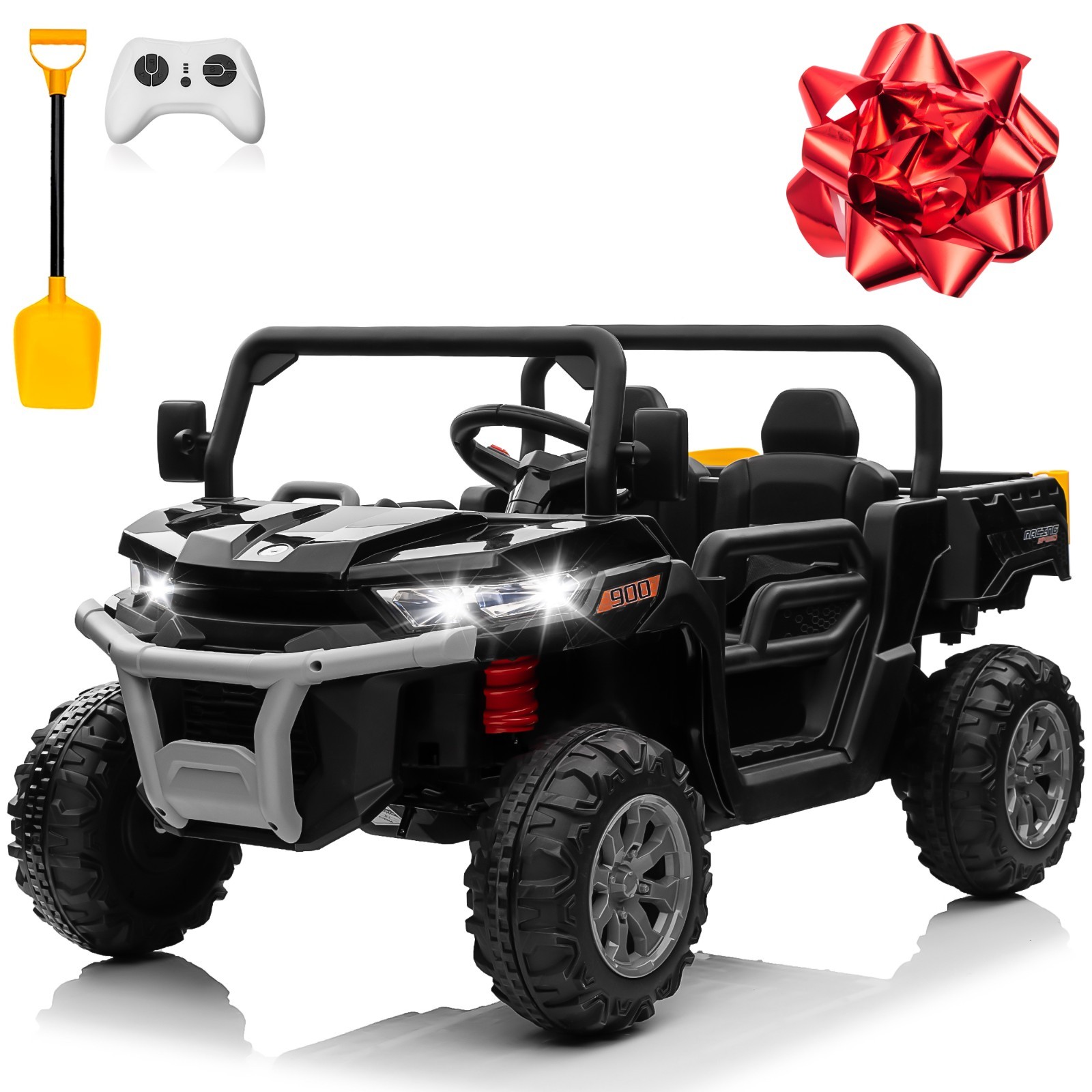 24V 4WD 2-Seat Kids Ride On Dump Truck Remote Trailer Shovel Bluetooth MP3 Black