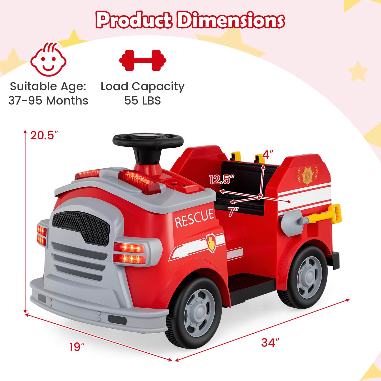 12V Kids Ride on Fire Truck Toddler Fire Toy Car w/ Shovel & Wrench Red