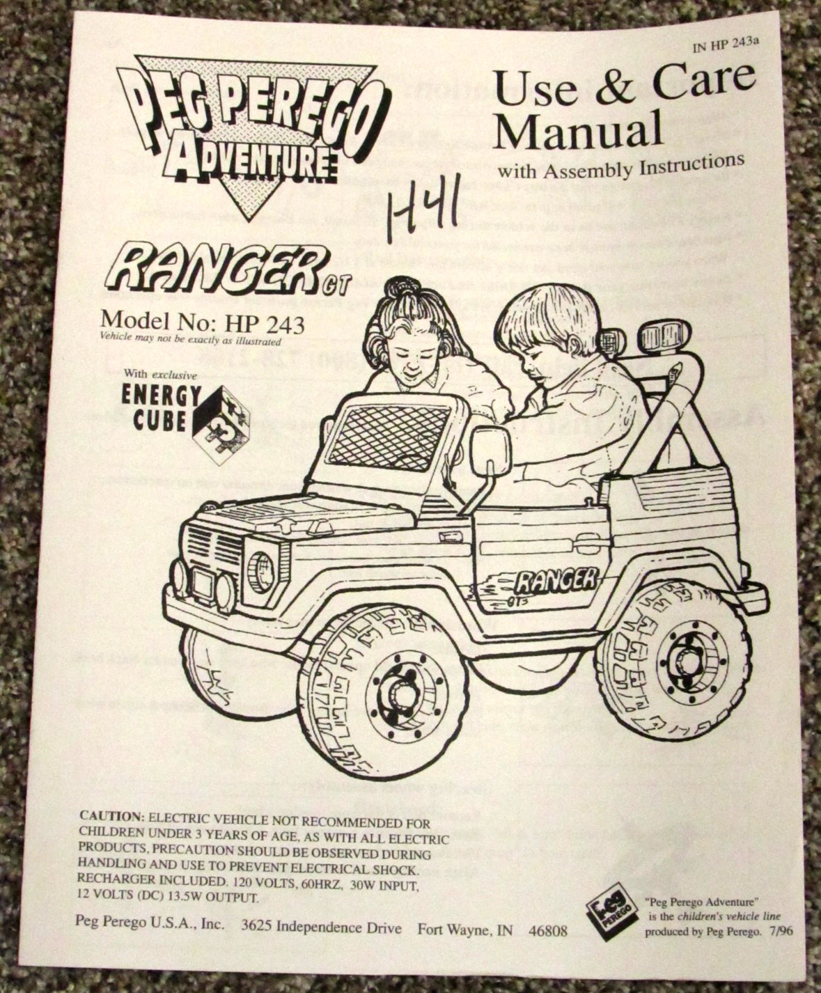 Peg Perego Adventure Ranger GT HP243 Use & Care Owners Manual 7/96