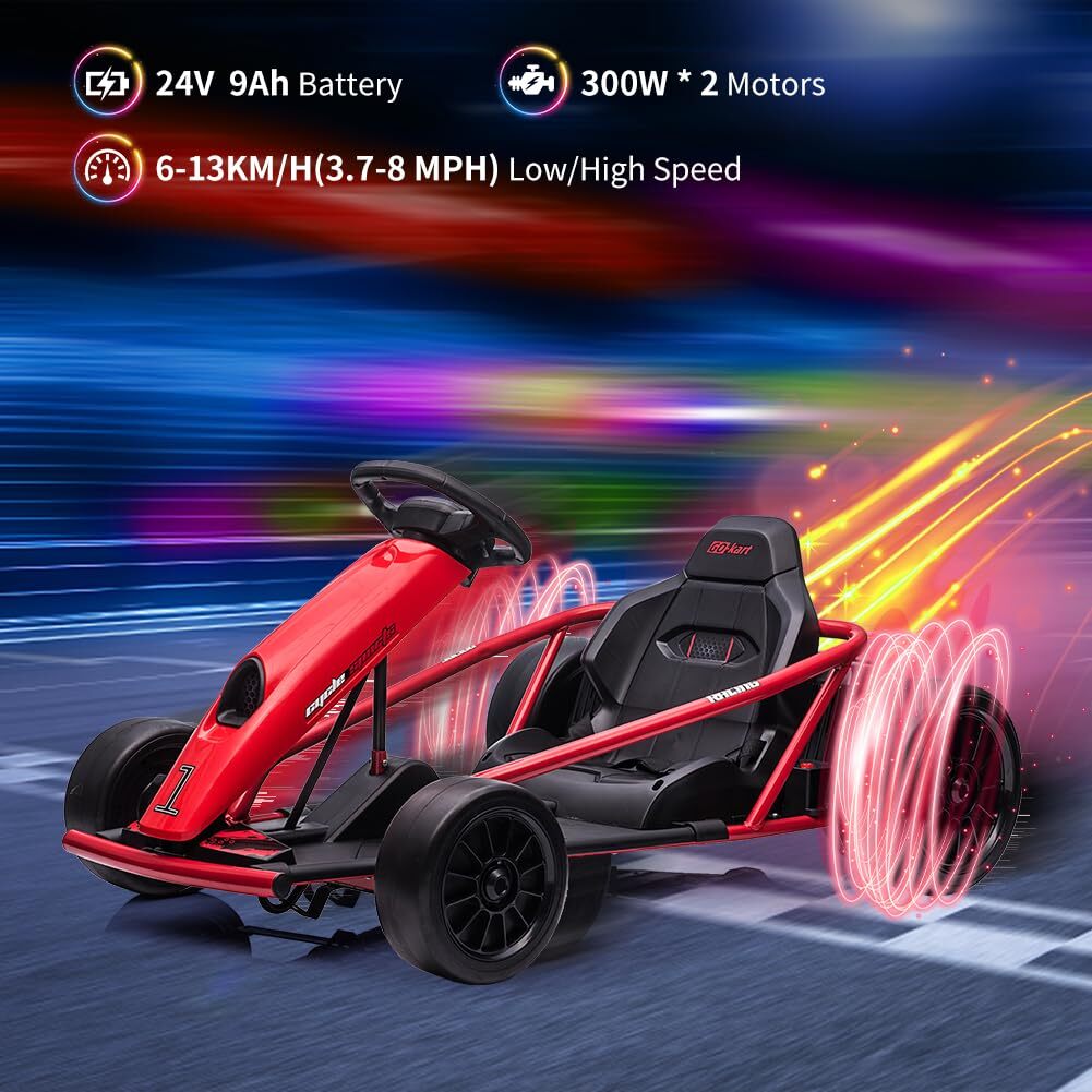 24V Electric Riding Go Kart for Kids 8MPH High Speed Drifting Car Ride Toy Gift