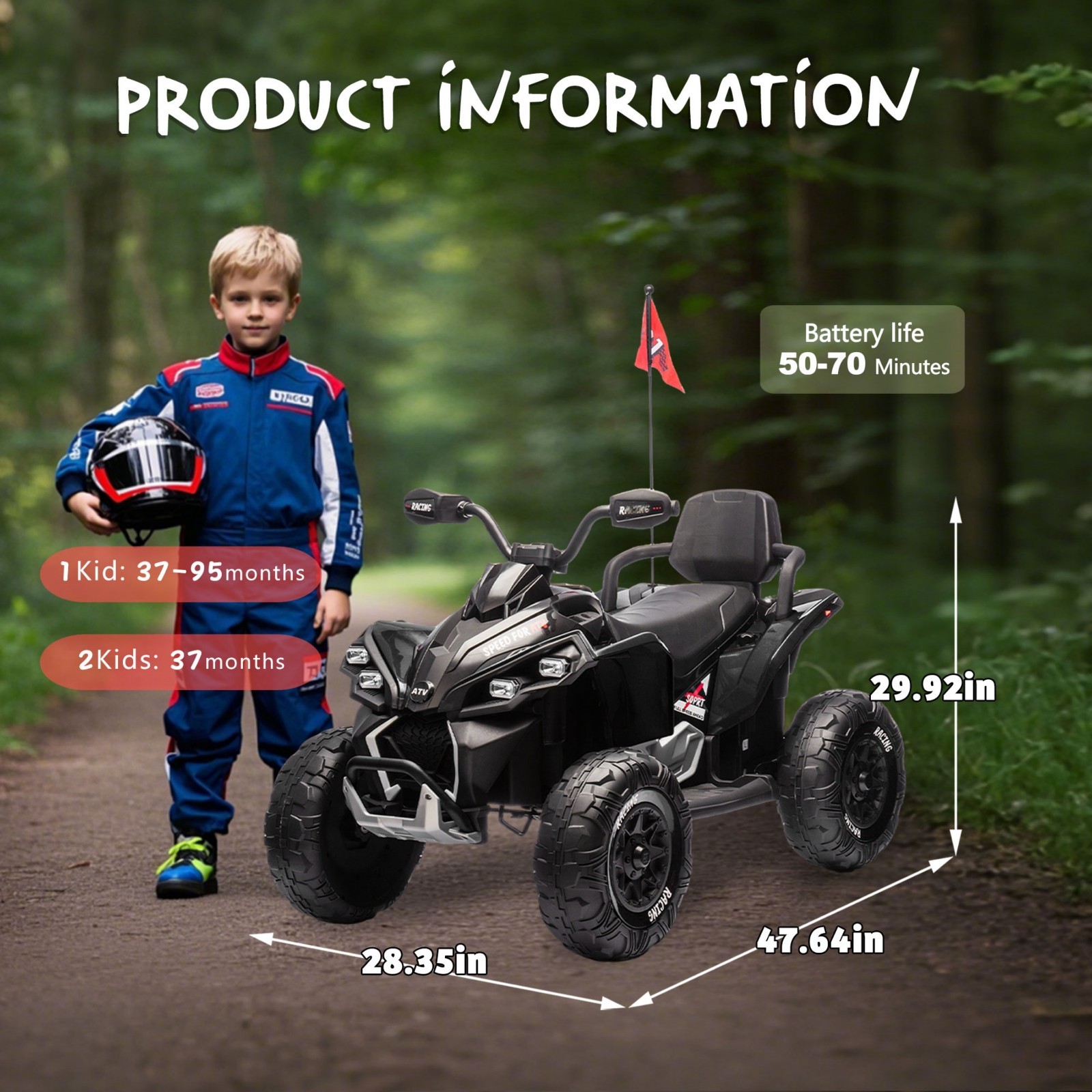 24V Kids Electric ATV Ride On Car W/Remote,LED,Battery Power Wheels Toys,Black