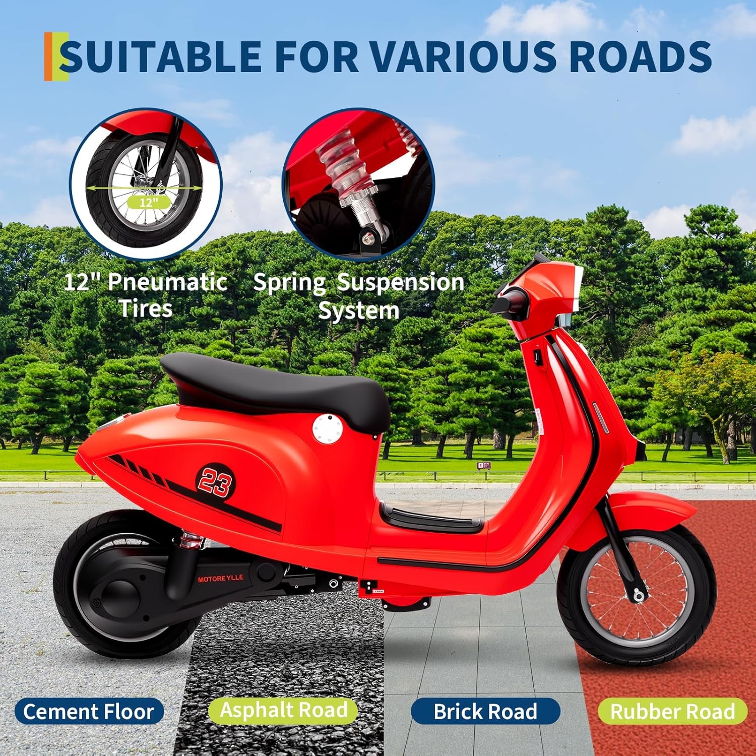 Electric Kids Motorcycle 24V, 350W Motor, Waterproof,12″ Pneumatic Tires,Ages 8+
