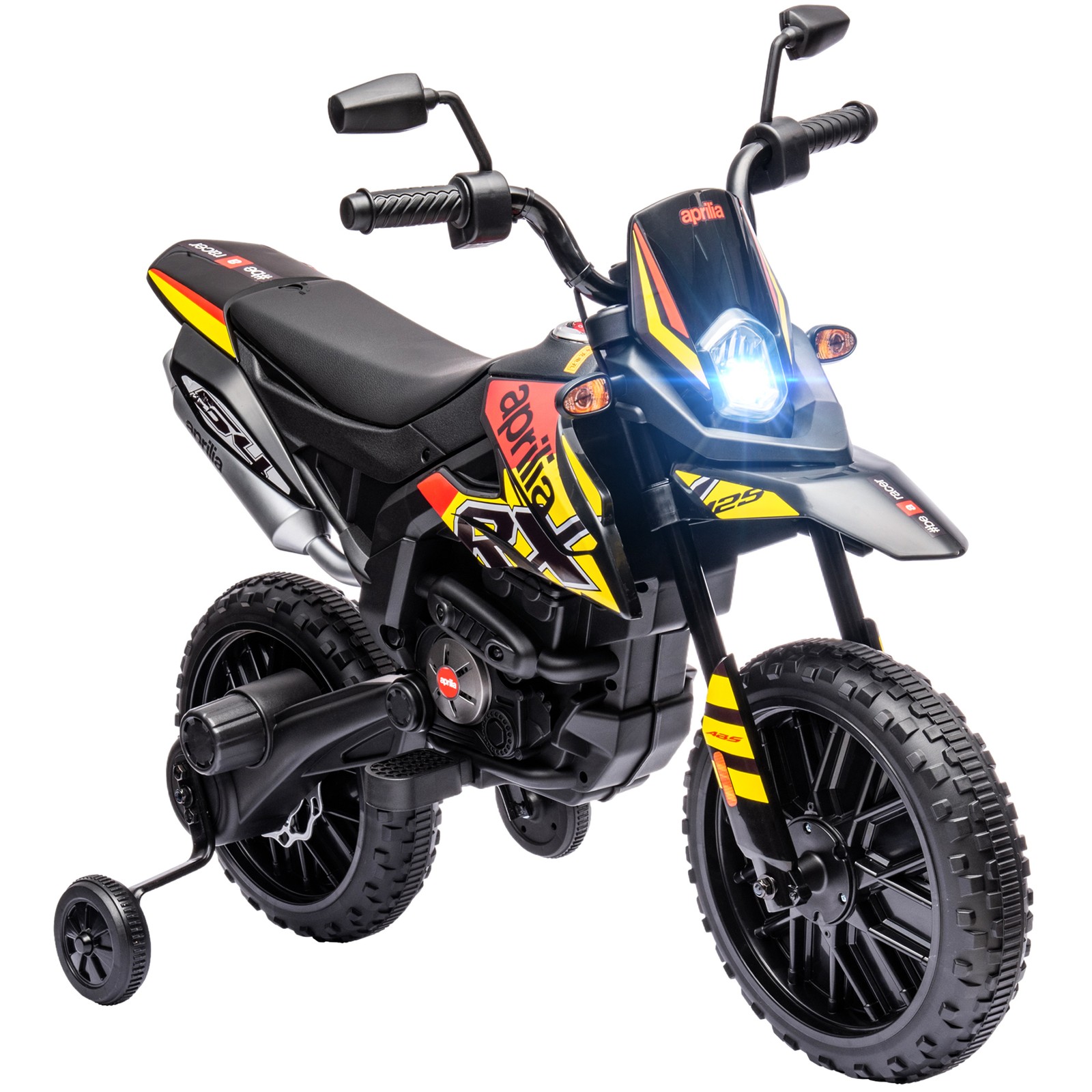 12V Aprilia Licenced Kids Motorcycle with Training Wheels, Yellow