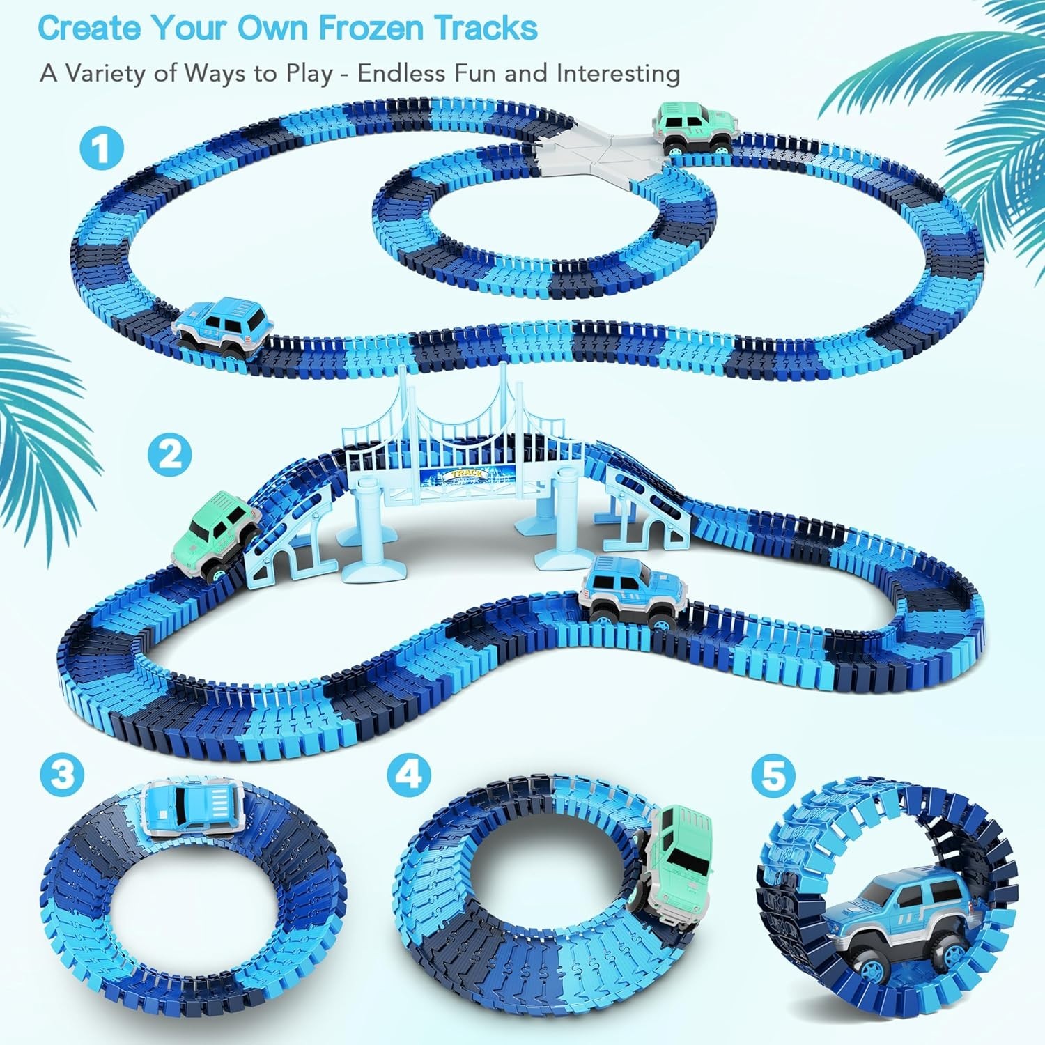 Create Your Frozen World: 269 PCS Race Track Playset & 2 Race Cars for Ages 3-6