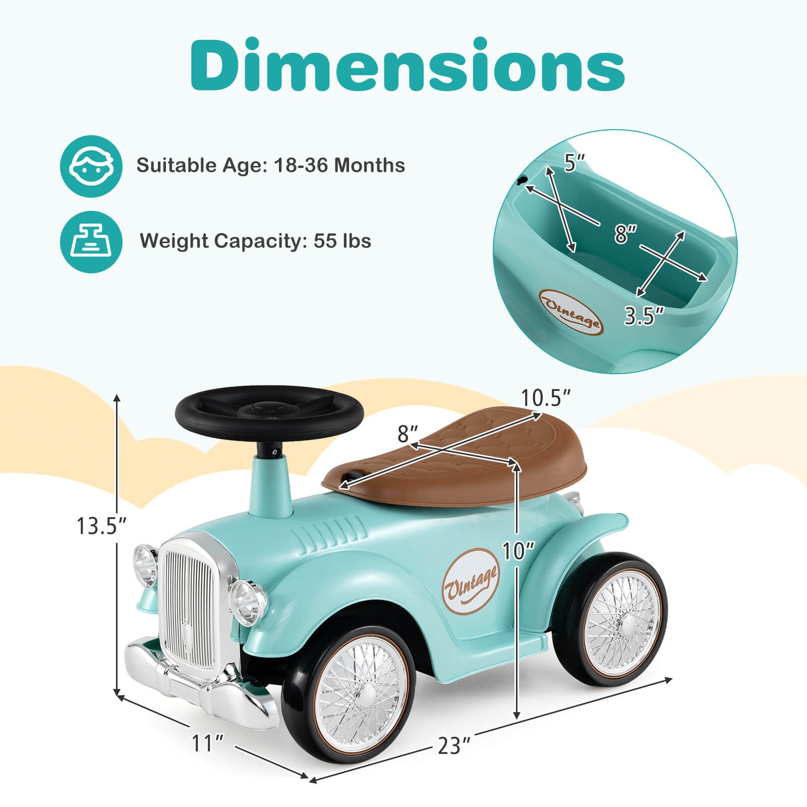 Retro Kids Ride-on Toy Kids Sit to Stand Vehicle with Working Steering Wheel