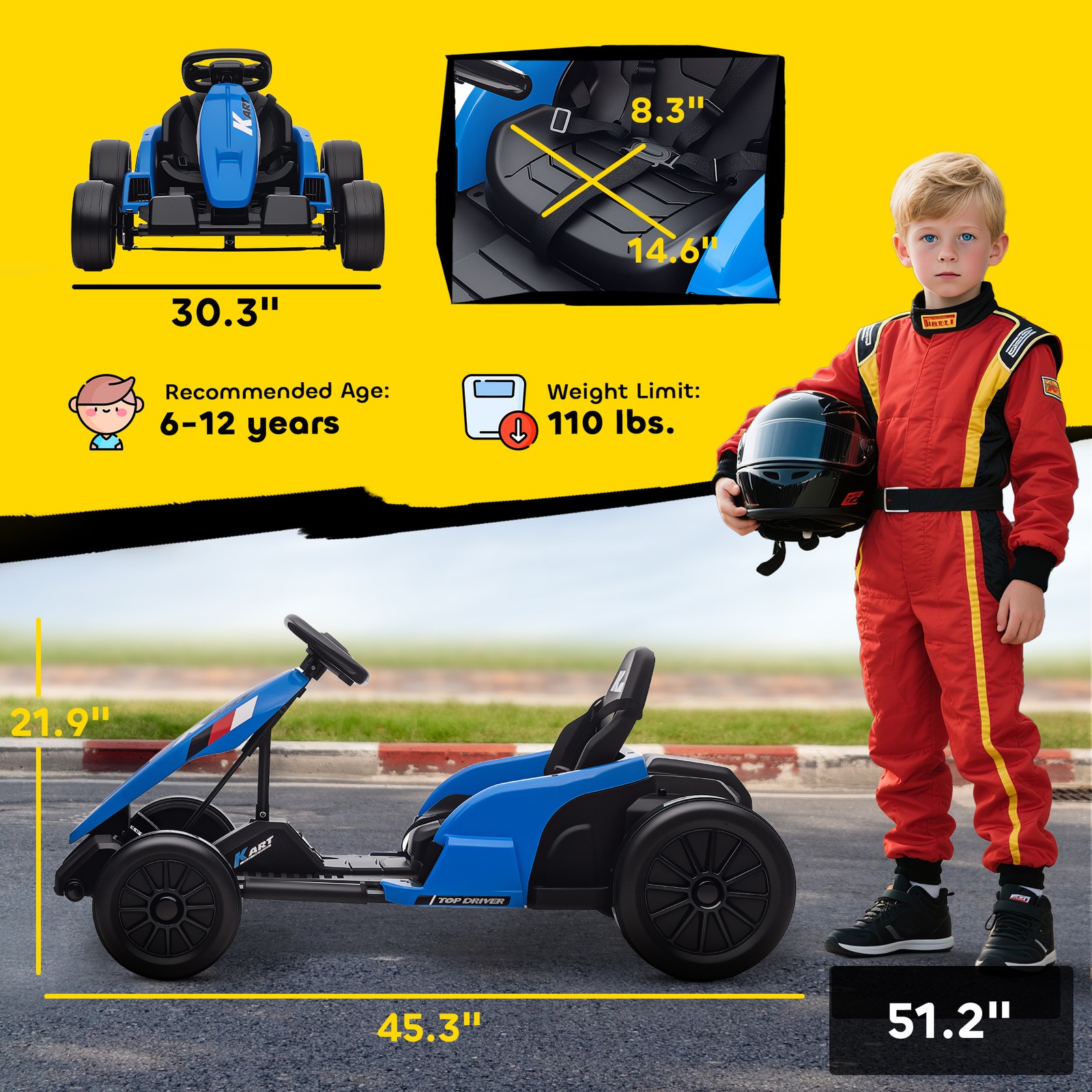 24V Electric Go Kart, Kids Drift Kart with Dual 150W Motors, Blue