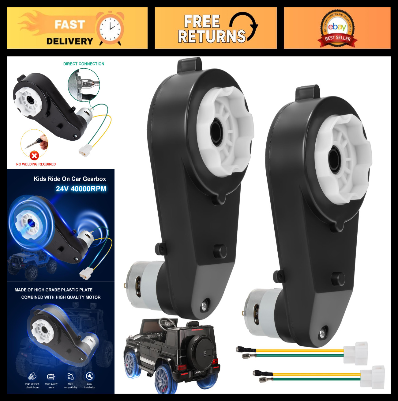 2Pcs 24V 40000RPM Gearbox Motor for Kids Ride-On Car, RS550 Drive Engine, Toy Up