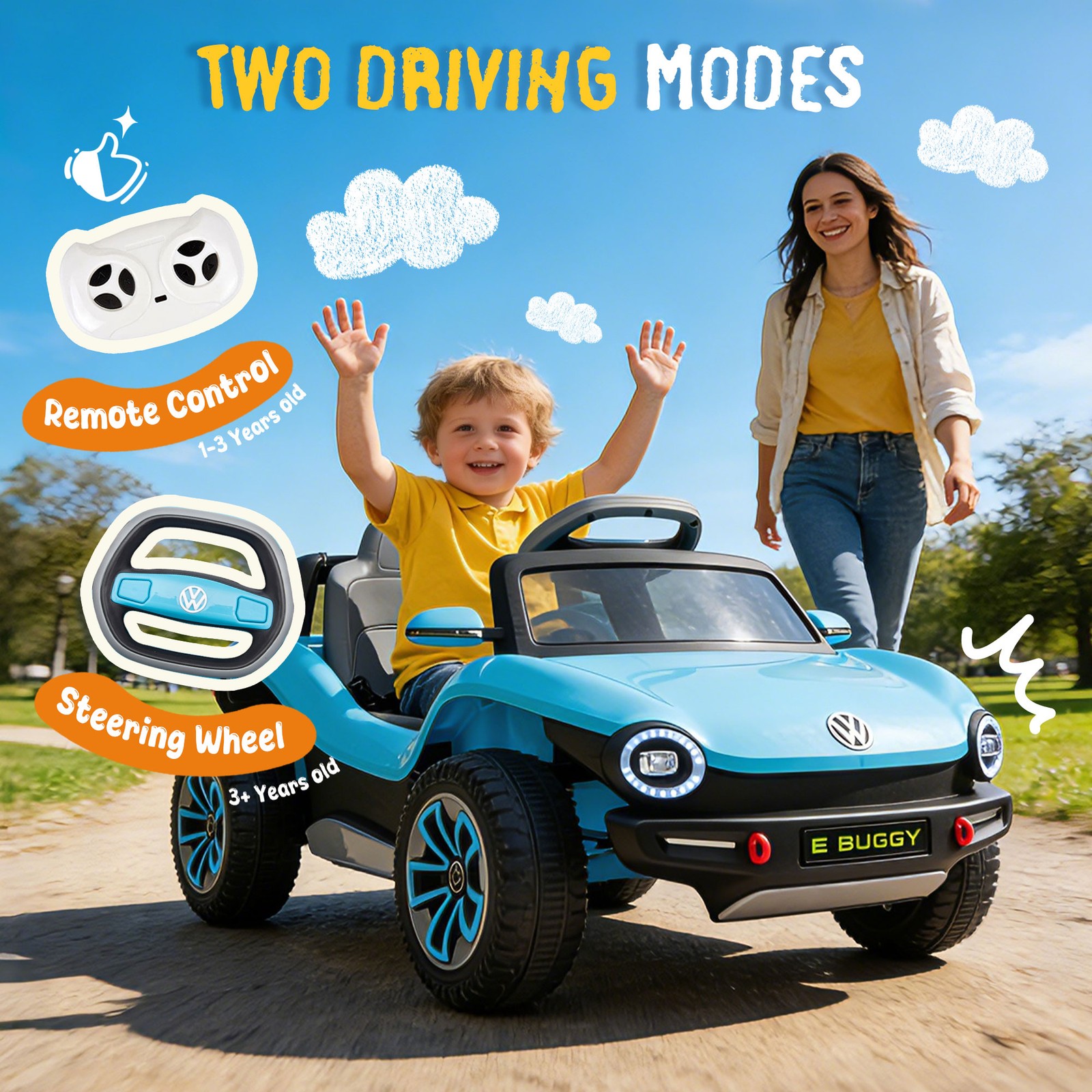 12V Licensed VW Beetle, 2.4G Remote, 2WD, Suspension, Bluetooth & USB, 3-5Y