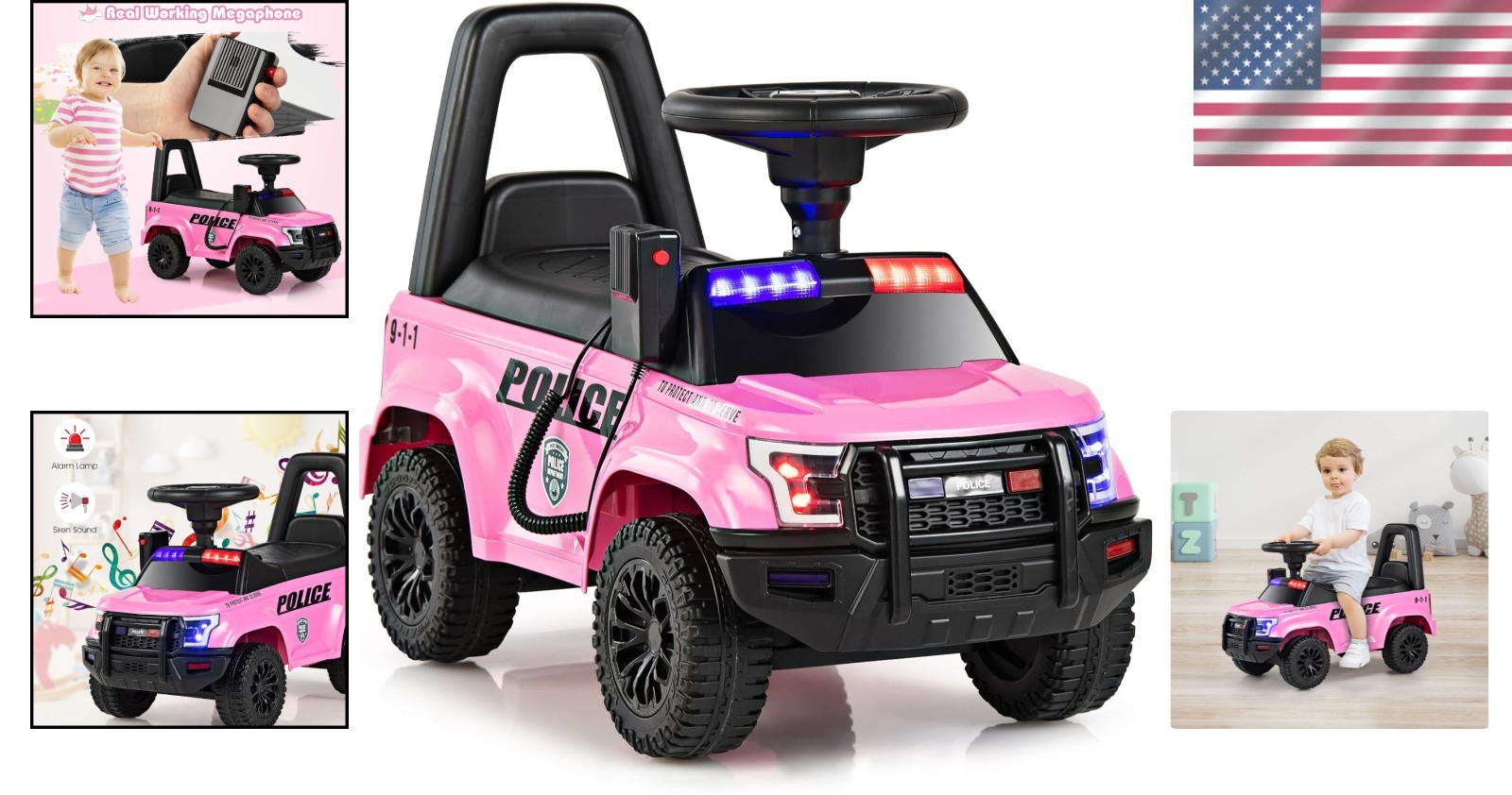 Kids Pink Police Ride On Car: Steering, Siren, Storage, 55lb Max Weight