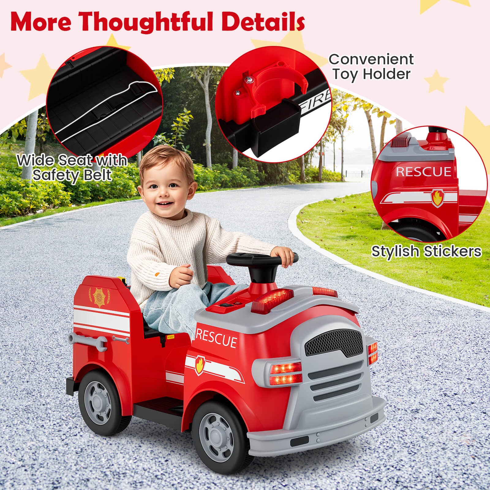 12V Kids Ride on Fire Truck Toddler Fire Toy Car w/ Shovel & Wrench Red