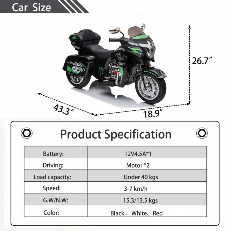 12V Kid Motorcycle Ride On Toy Key Start 3-Wheel 2-Seat Motorbike for 3-6 Black