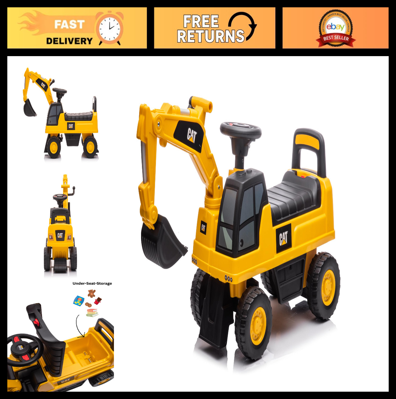 Licensed Excavator Ride-On Digger Toy for Kids – Rotating Bucket & Storage – Tod