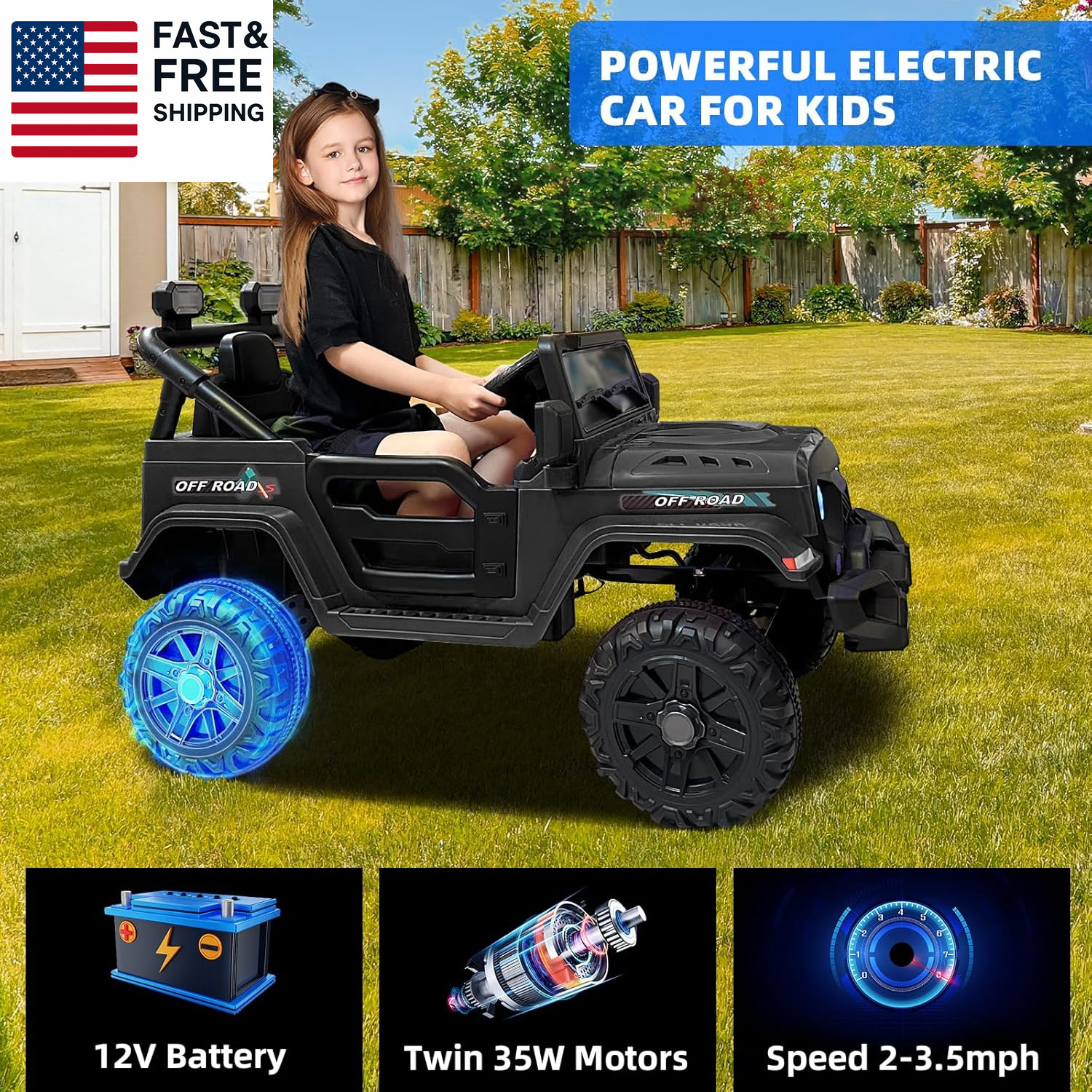 12V Kids Electric Ride on Truck Car Remote Control, Twin 35W Motors 3.5MPH Max