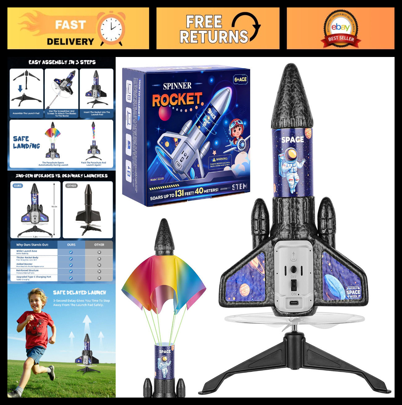 Kids Rocket Launcher Toy, 2nd Gen Auto-Launch, 200ft Parachute Outdoor Fun, Ages