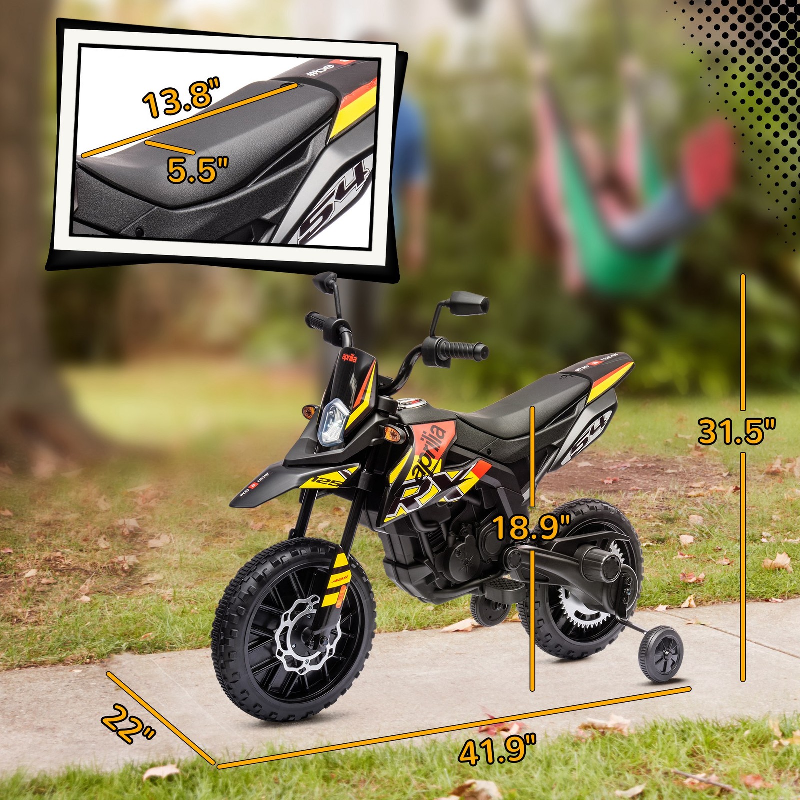 12V Aprilia Licenced Kids Motorcycle with Training Wheels, Yellow