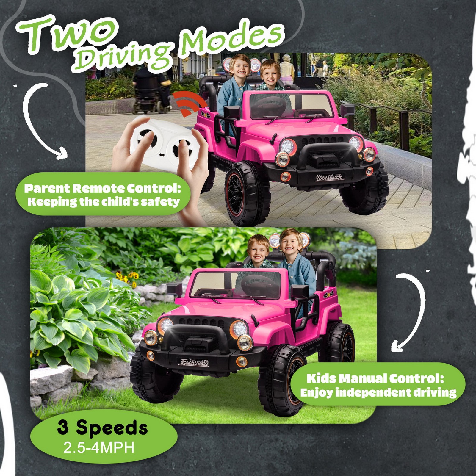 24V 2-Seater Off-Road Ride On Wrangler Jeep Toy Car Parent RC Control LED Music