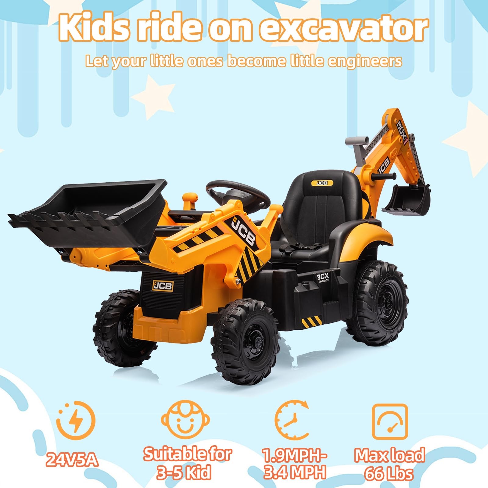 24V JCB Ride On Excavator for Kids, 3-in-1 Ride On Backhoe Digger with Front …