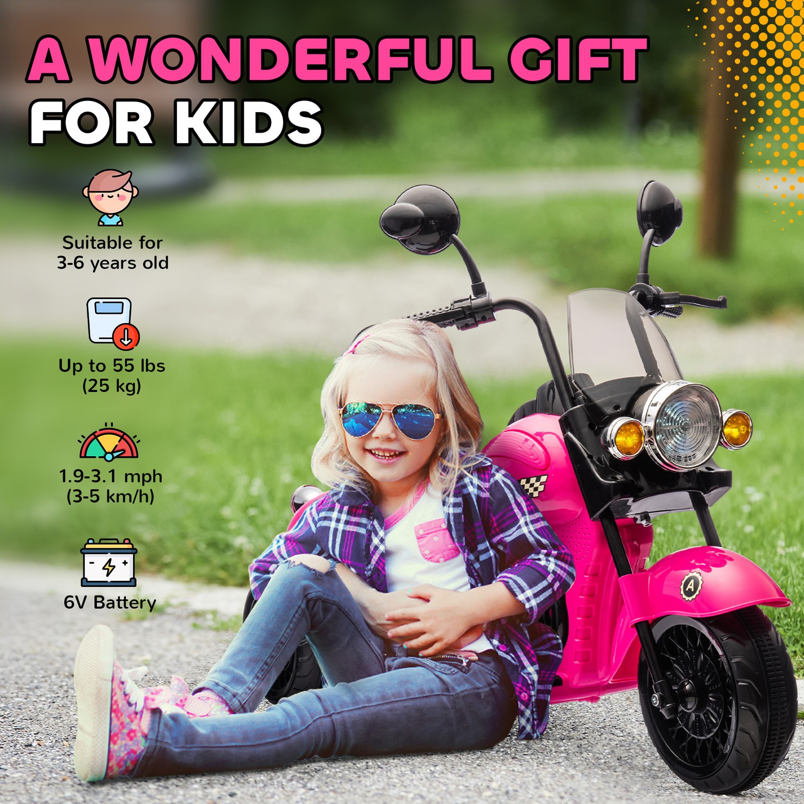 6V 3 Wheel Electric Motorcycle for Kids w/ Headlights, Music, Pink