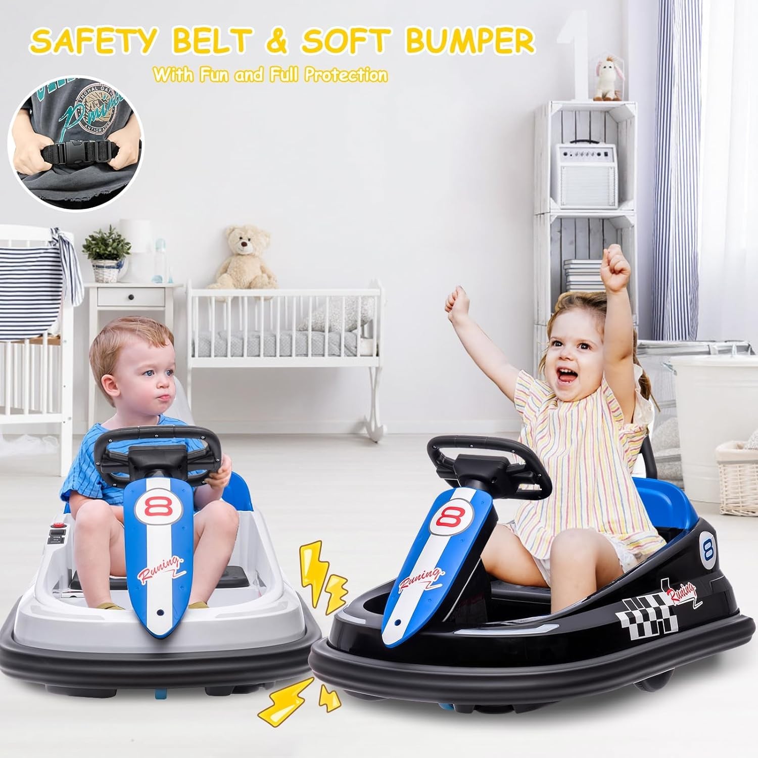 Kids Electric Bumper Car 6V, 1.9mph, Music/Horn, Seat Belt, Anti-Flat Tires