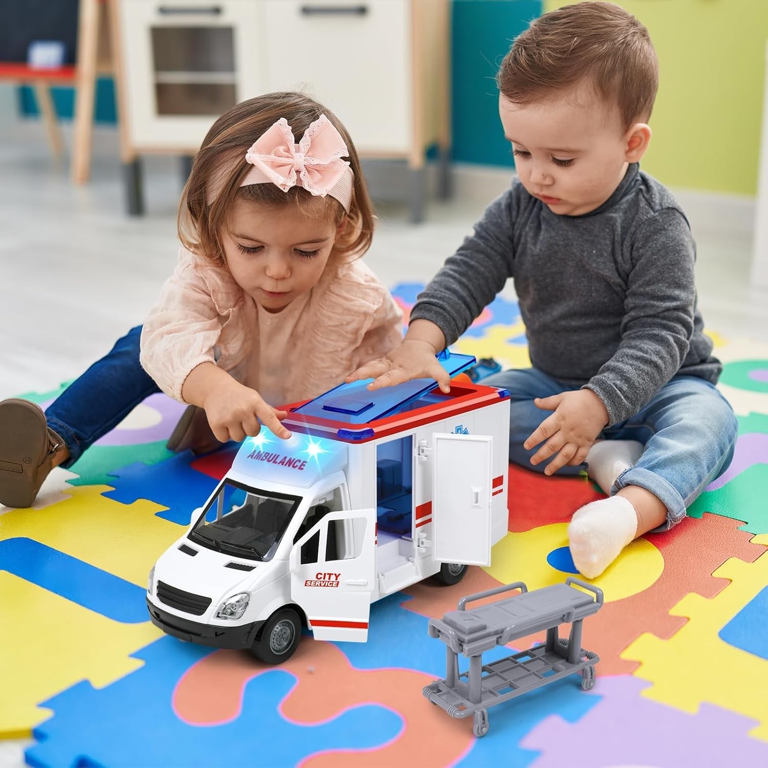 Friction-Powered Ambulance Toy with 4 Flashing Lights & Sounds – Safe for Kids
