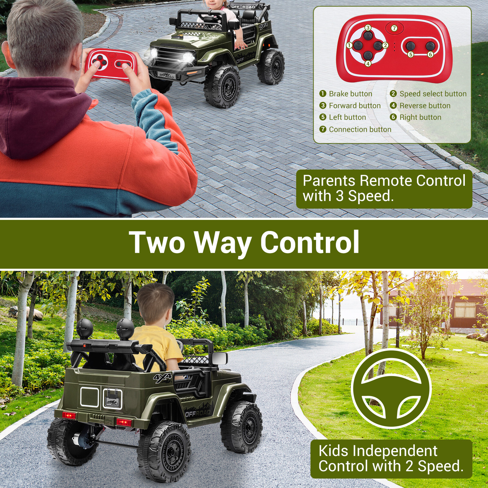 12V Electric Vehicle Jeep Car w/Remote Control Kids Ride On Truck Toys 2-Seater