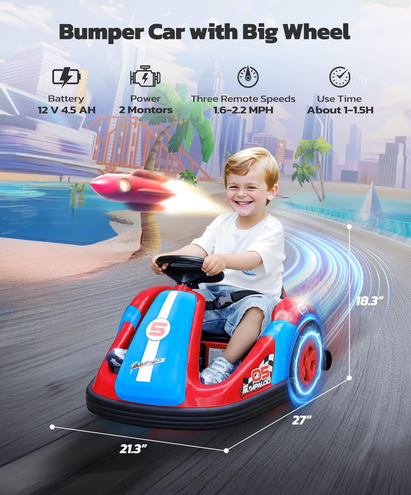ELEMARA Bumper Cars for Kids with Big Wheels, 2.2 Mph, 12v Electric Ride On Toys