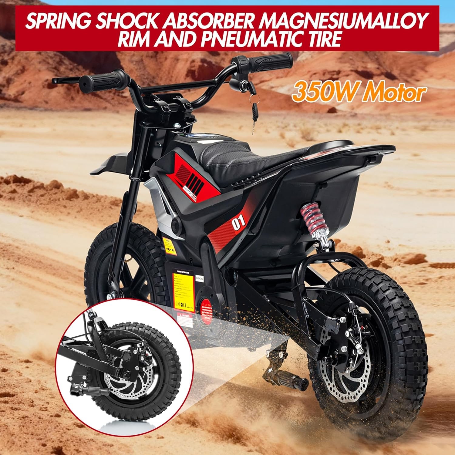 24v Ride on Motorcycle for Kids 350w Mini Dirt Bike 14 MPH Black