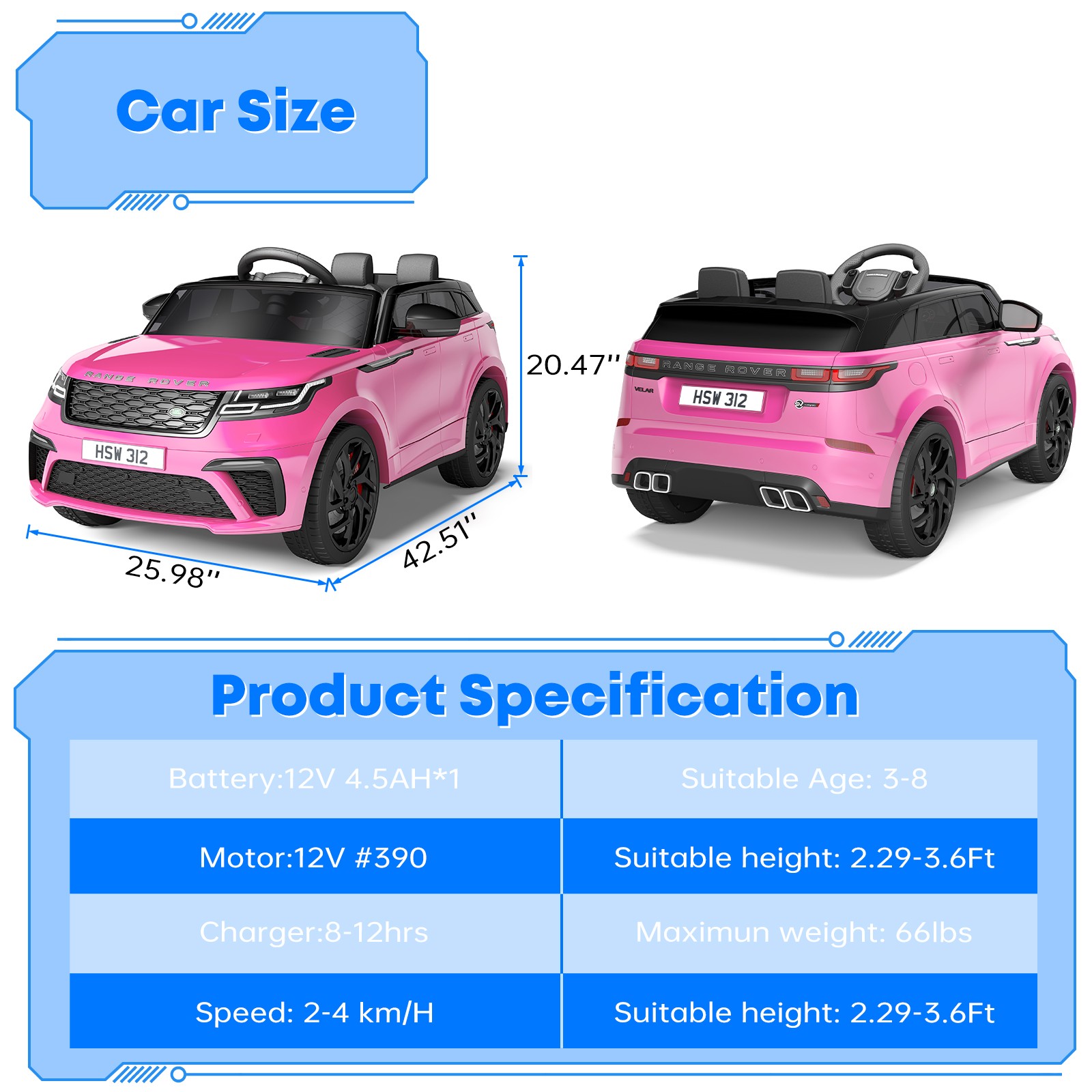12V Land Rover Licensed Ride-On Car for Kids w/ Remote, LED Lights & Music, Pink