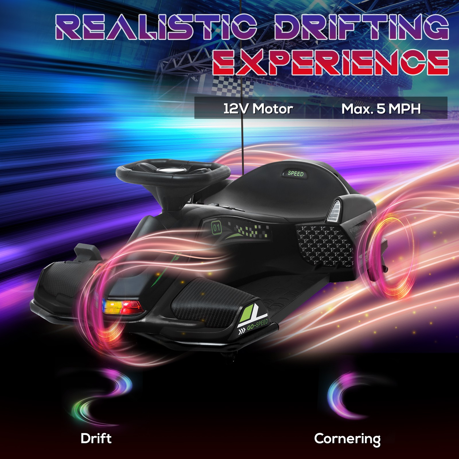 12V Electric Drifting Go Kart w/ Slow Start, Music, Lights, Pink