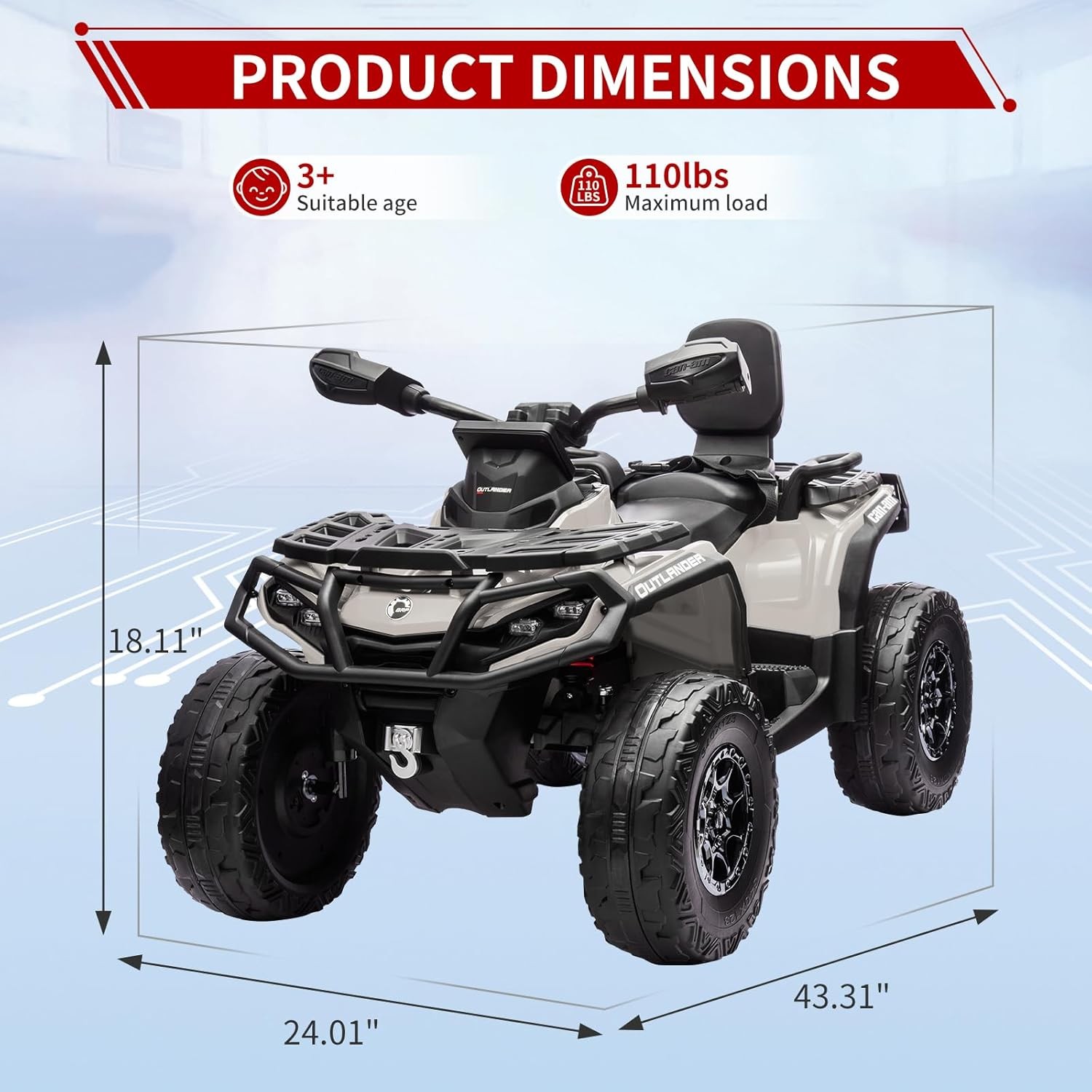 Kids 12V Electric 4WD ATV Ride-On, 4×200W Motors, LED Lights, USB Music,2-Seater