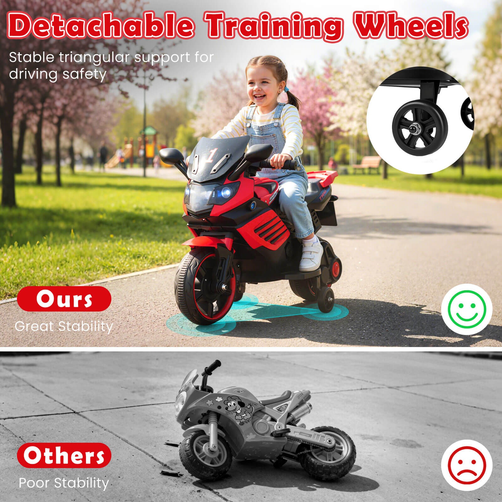 6V Kids Motorcycle w/Music, Horn, Detachable Training Wheels & LED Headlights