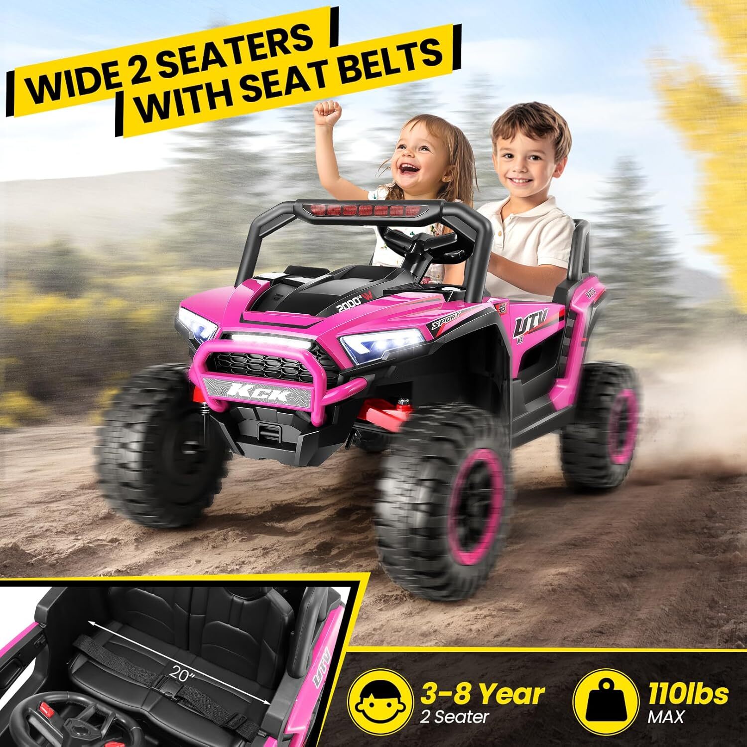 24V Ride on UTV Car 2 Seaters Off-Road Kids Electric Vehicle Bluetooth, 3 Speeds