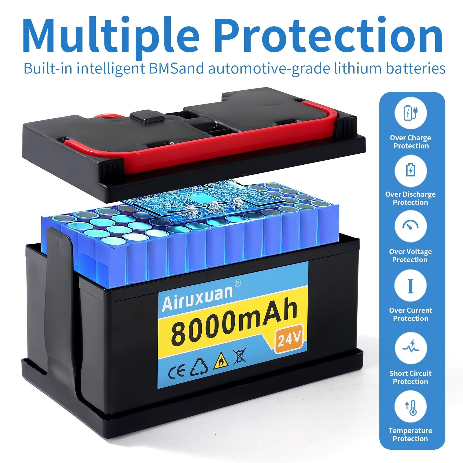24V 8Ah Lithium Battery for Kids Ride-On Cars, 25A BMS, 2A Charger, Compatible U