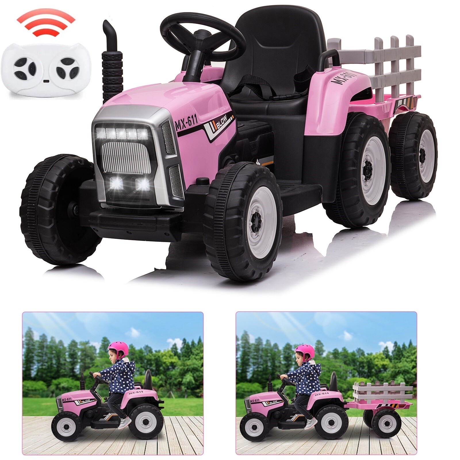 12V Kids Electric Battery-Powered Ride On Tractor Toy w/ Trailer Remote Control