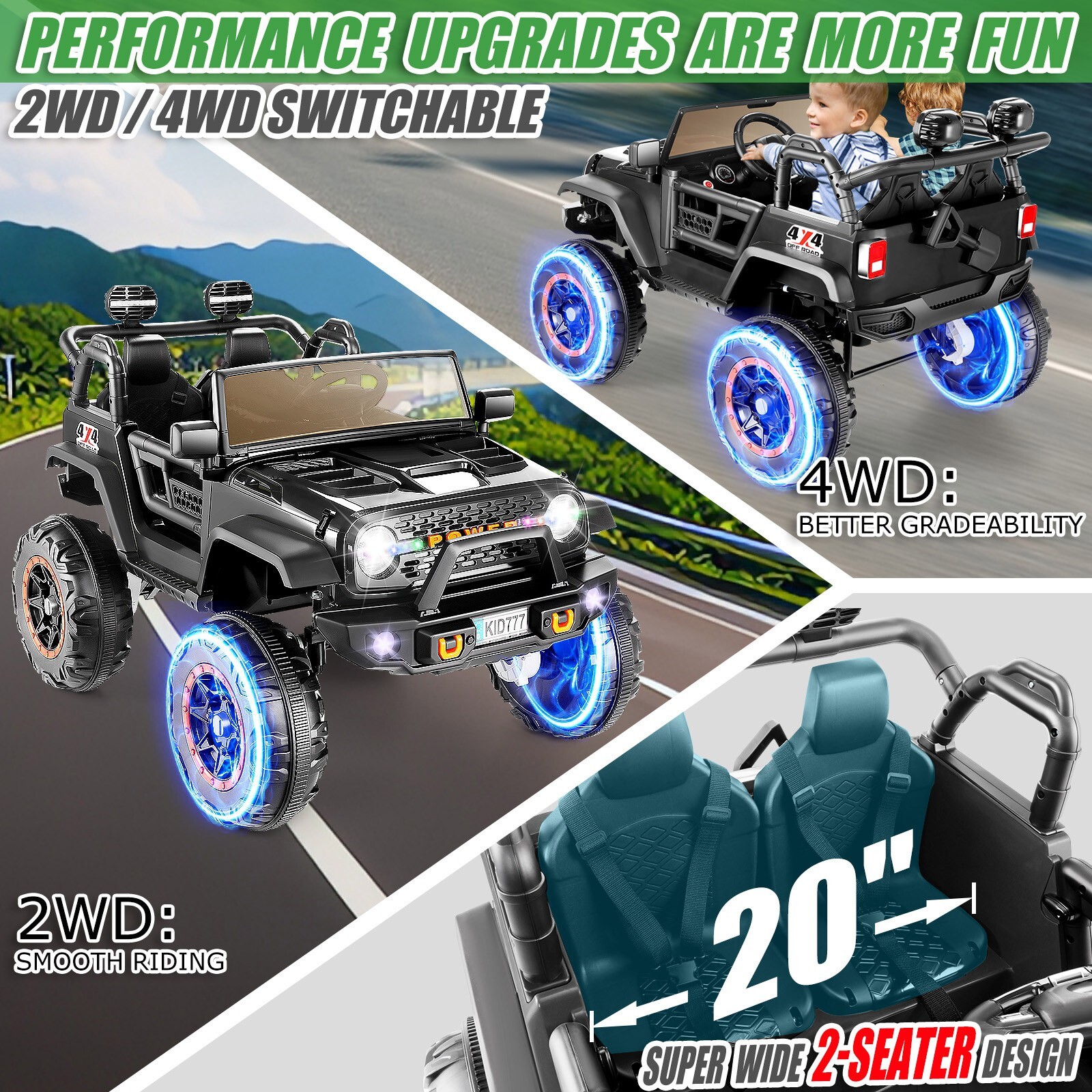 24V Kids Ride On Car,2 Seaters 2x200W Electric Vehicle Truck Bluetooth w/Remote