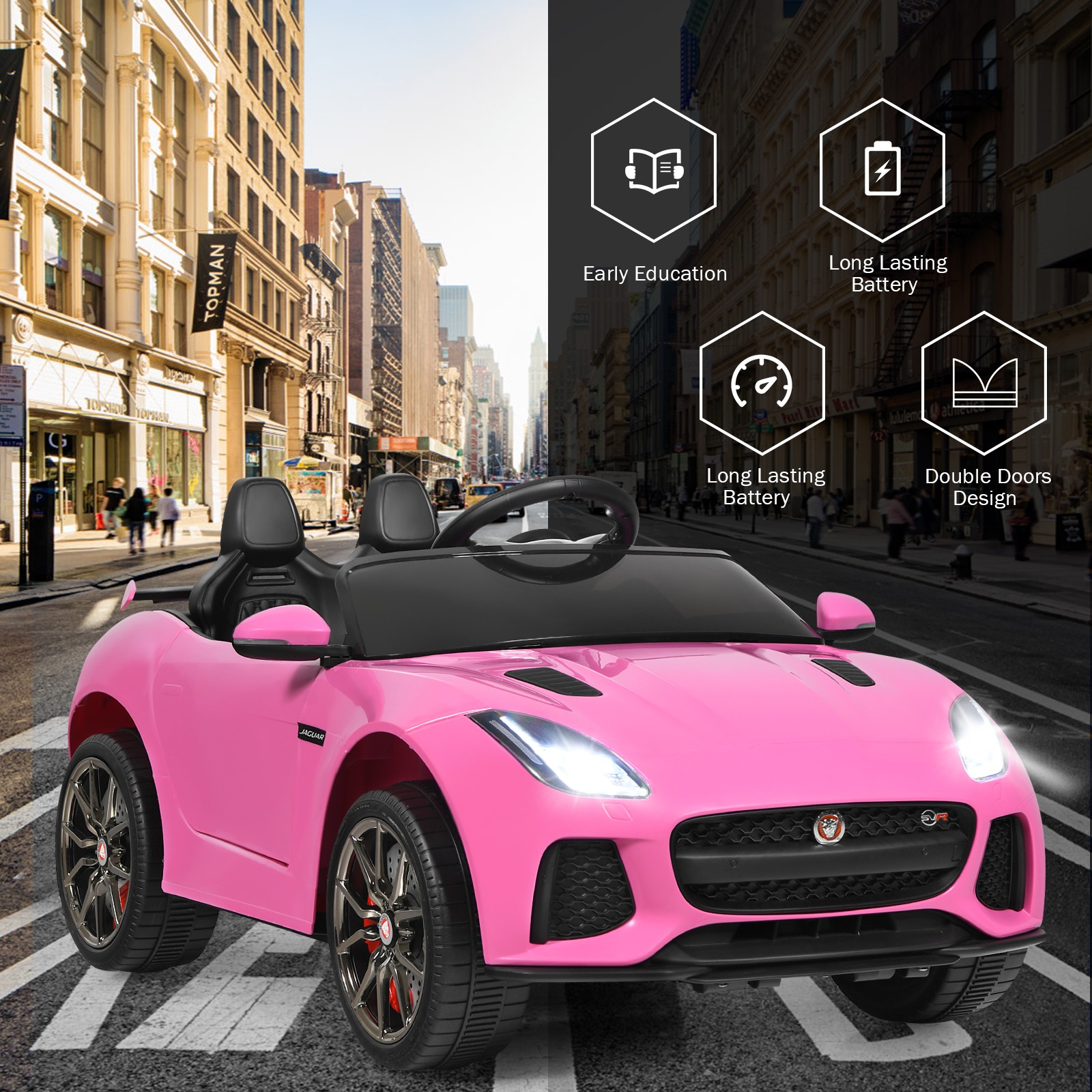 Honey Joy 12V Jaguar F-Type SVR Licensed Kids Ride On Car w/ MP3 & Lights Pink