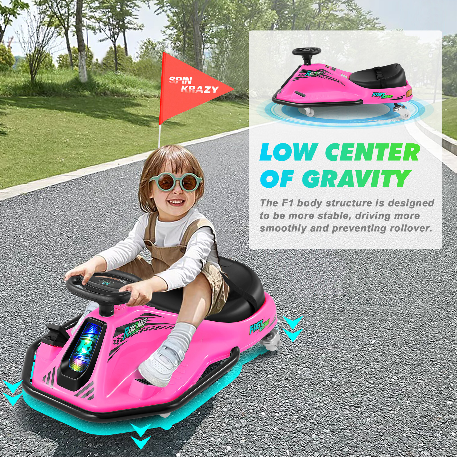 24V Electric 360° Rotating Ride On Drifting Car with 2Speed,Flag,Bluetooth,Music