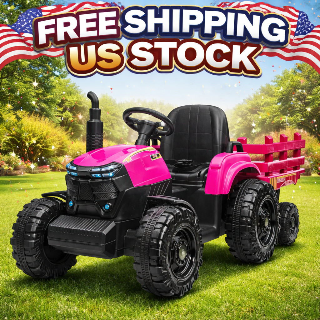 12V Electric Tractor with Detachable Trailer, Toddler Ride On Car/7-LED Headligh