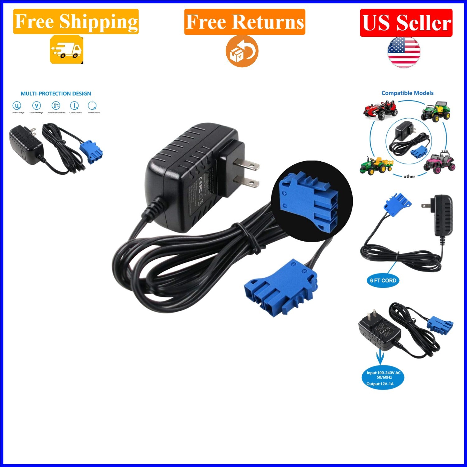 12V Peg Perego Battery Charger, 1A, Blue, 6ft Cable, Certified