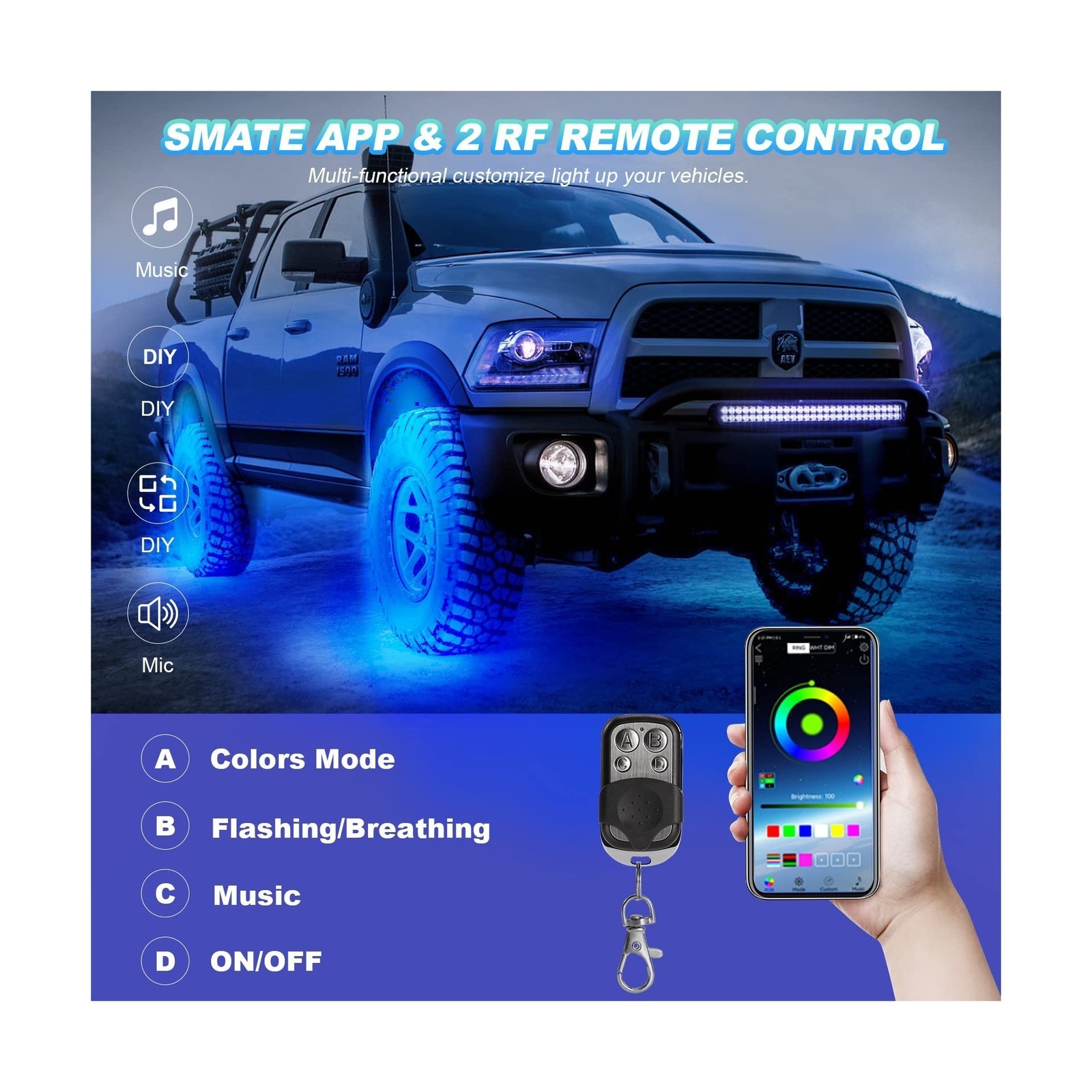 6 Pods RGB LED Rock Lights for UTV ATV Golf Cart Truck RZR Offroad Pickup SUV…