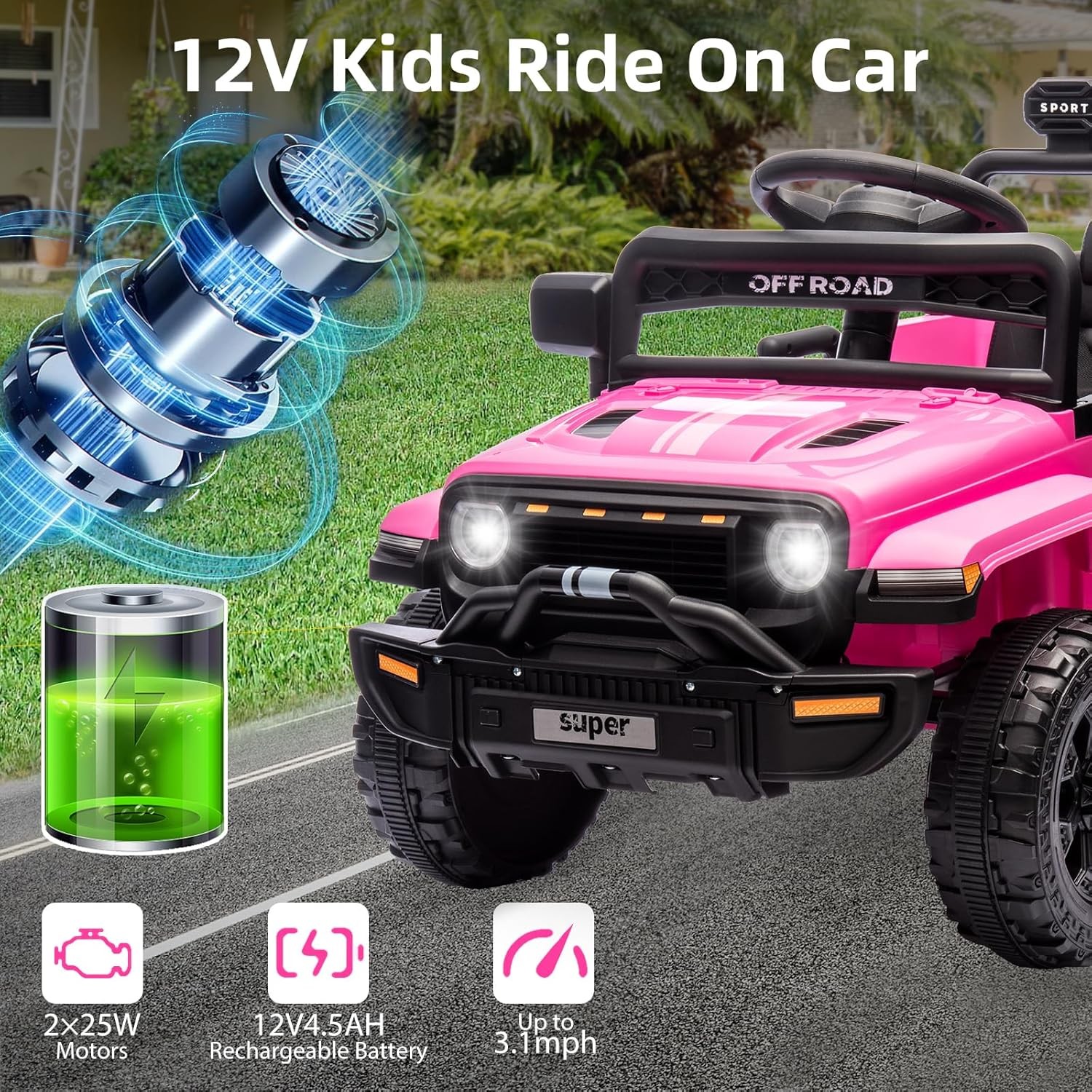 12V Kids Ride On Truck w/ Remote, 2 Speeds, Spring Suspension, LED Lights – Pink