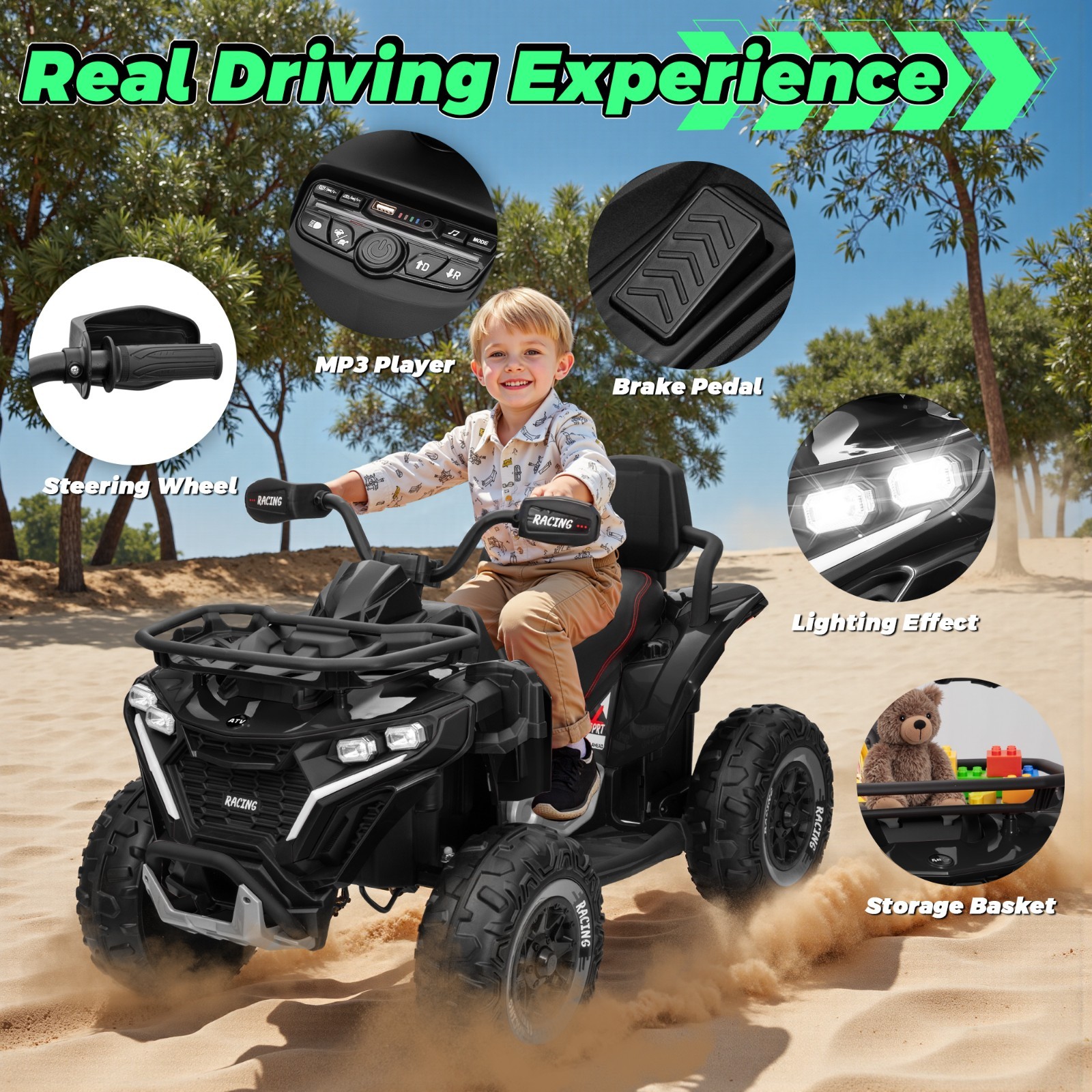 24V 4WD Kids ATV 2-Seat Ride On Car w/Remote Bluetooth USB Headlights EVA Tires