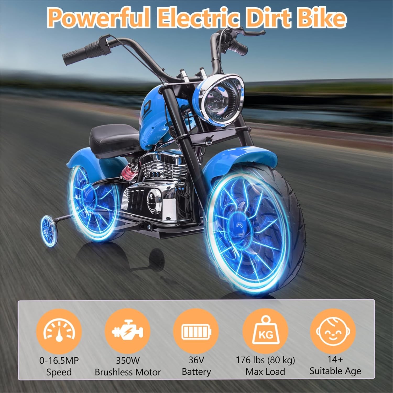 36V Electric Dirt Bike for Teens 16.5MPH&176LB Load Spring Suspension Multicolor
