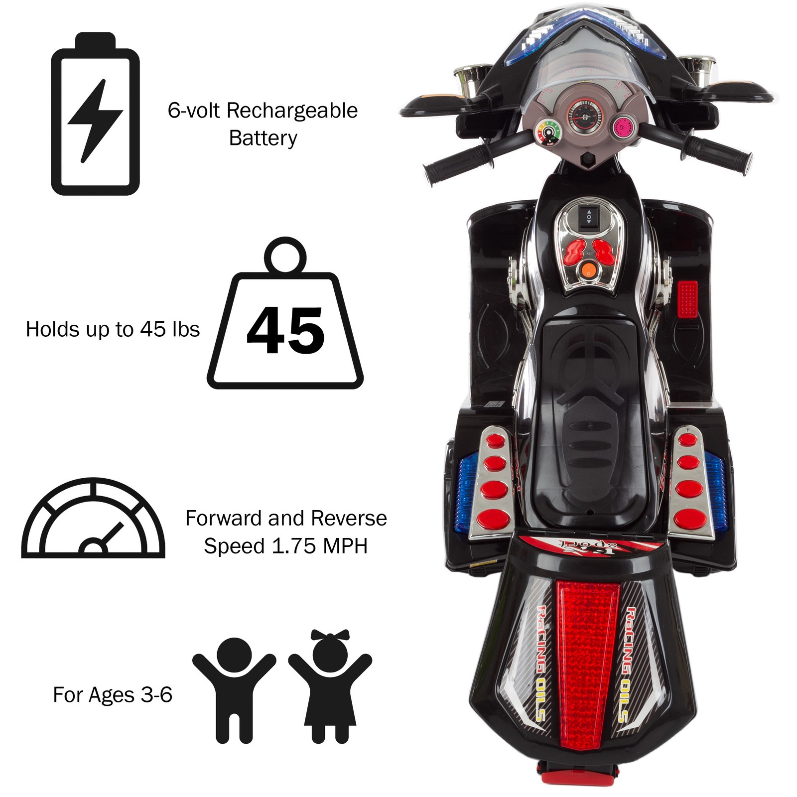 Black Ride on Motorcycle Kids Electric Motorbike Tricycle