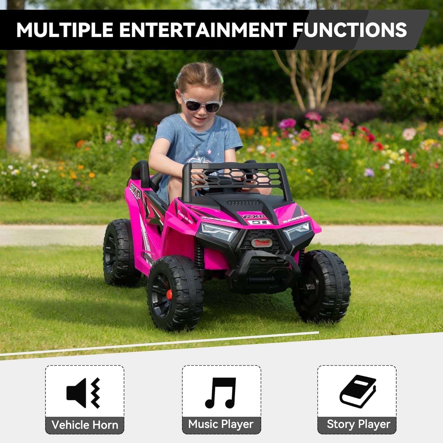 TOBBI 12V Kids Electric Ride on Car 2WD Off-Road UTV Truck w/ Music, Rose Red